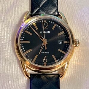 Citizen Eco-Drive Gold-Tone Stainless Steel and Black Leather Women’s Watch